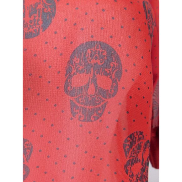 Red Semi-Sheer Skull Print Blouse Womens S Back Zipper & 3/4 Sleeves - Picture 12 of 12